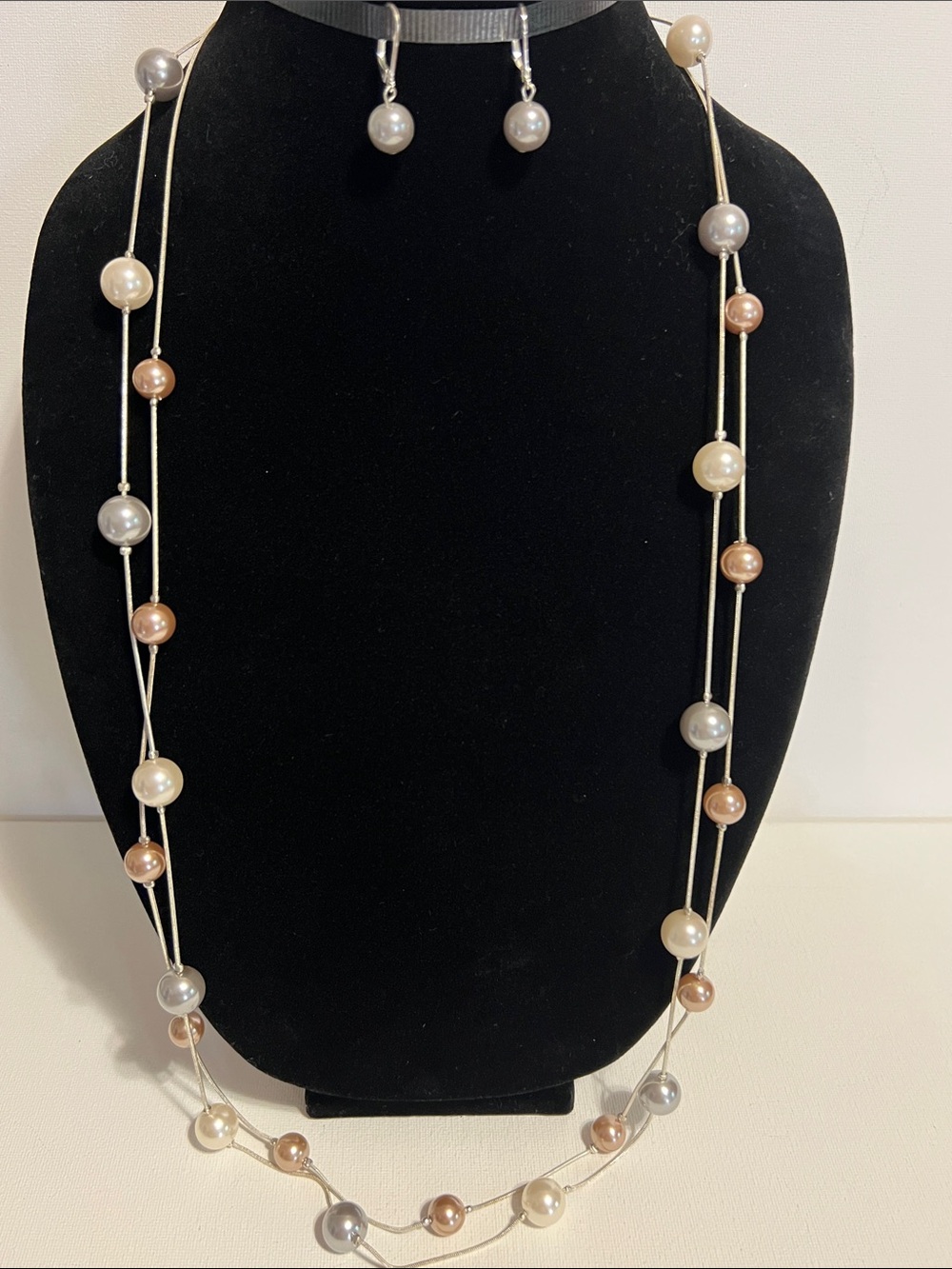 Vintage RMN Multi-Color Faux Pearl Double Strand Long Necklace & Earrings Signed